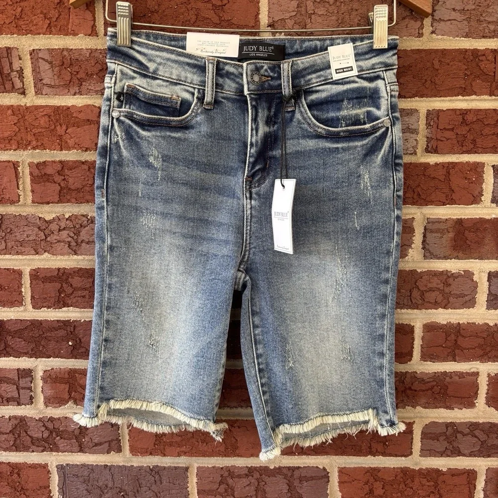 Judy Blue High Waist Denim Shorts Women's Small Burmuda Blue Frayed Hem JB150030